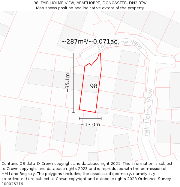 98, FAIR HOLME VIEW, ARMTHORPE, DONCASTER, DN3 3TW: Plot and title map
