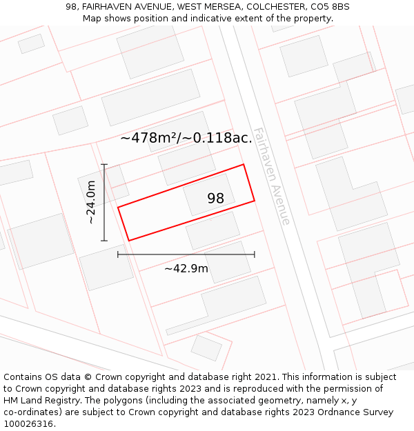 98, FAIRHAVEN AVENUE, WEST MERSEA, COLCHESTER, CO5 8BS: Plot and title map