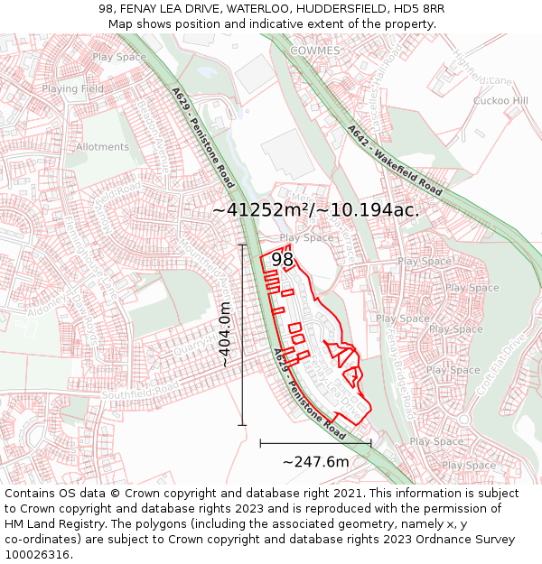 98, FENAY LEA DRIVE, WATERLOO, HUDDERSFIELD, HD5 8RR: Plot and title map