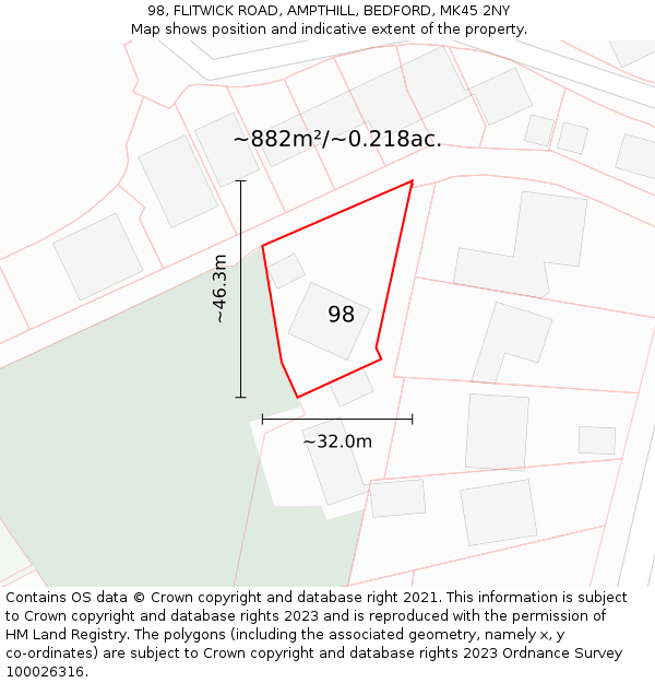 98, FLITWICK ROAD, AMPTHILL, BEDFORD, MK45 2NY: Plot and title map