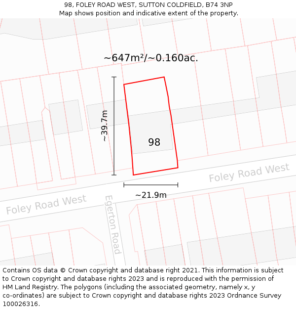 98, FOLEY ROAD WEST, SUTTON COLDFIELD, B74 3NP: Plot and title map