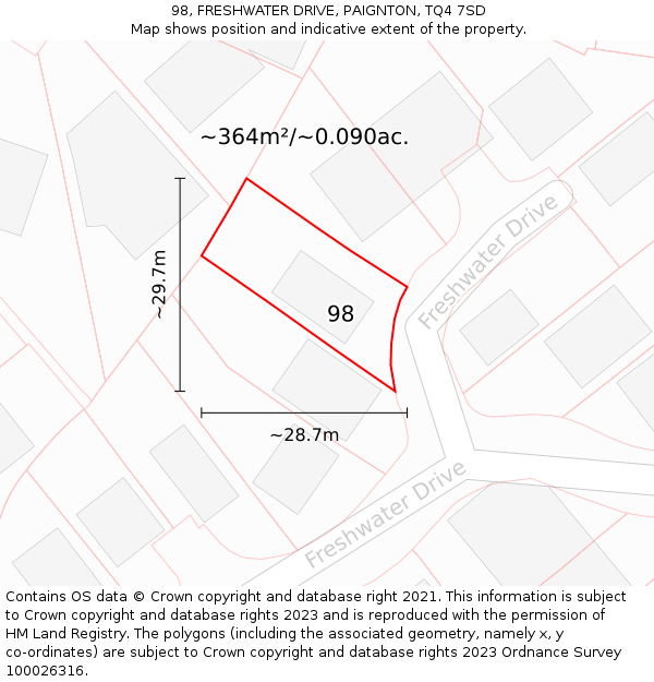 98, FRESHWATER DRIVE, PAIGNTON, TQ4 7SD: Plot and title map