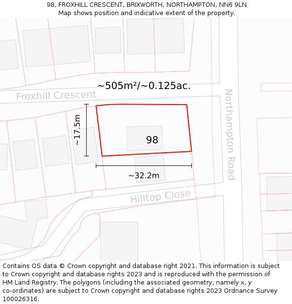 98, FROXHILL CRESCENT, BRIXWORTH, NORTHAMPTON, NN6 9LN: Plot and title map