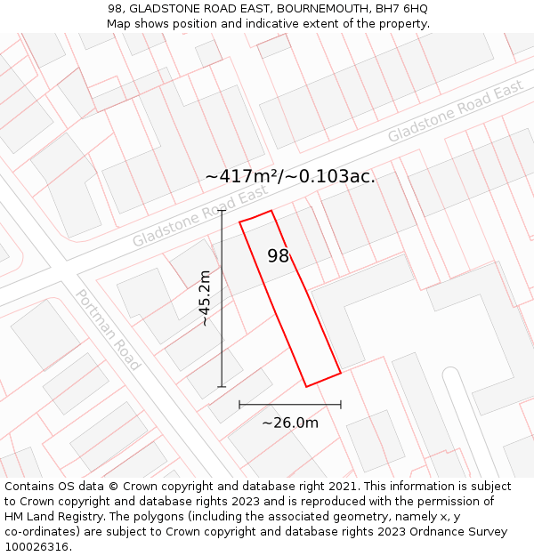 98, GLADSTONE ROAD EAST, BOURNEMOUTH, BH7 6HQ: Plot and title map