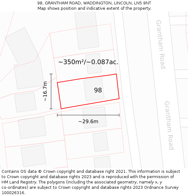 98, GRANTHAM ROAD, WADDINGTON, LINCOLN, LN5 9NT: Plot and title map