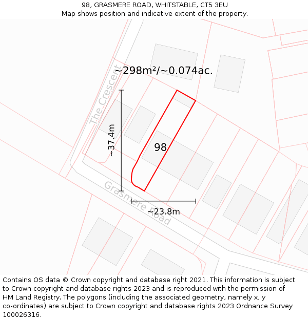 98, GRASMERE ROAD, WHITSTABLE, CT5 3EU: Plot and title map