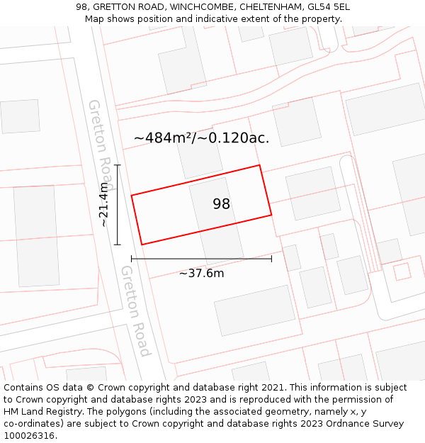 98, GRETTON ROAD, WINCHCOMBE, CHELTENHAM, GL54 5EL: Plot and title map