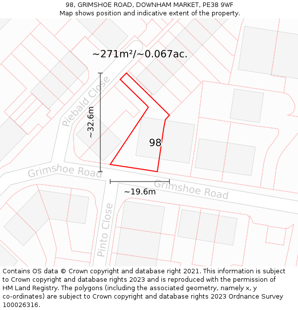 98, GRIMSHOE ROAD, DOWNHAM MARKET, PE38 9WF: Plot and title map