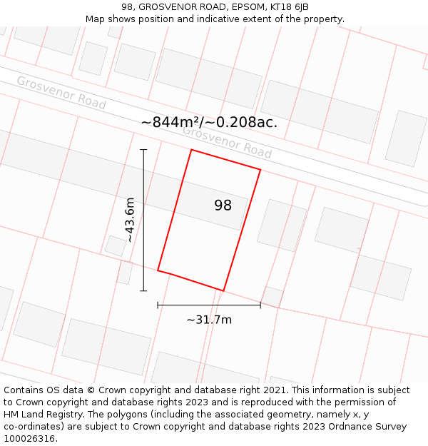 98, GROSVENOR ROAD, EPSOM, KT18 6JB: Plot and title map
