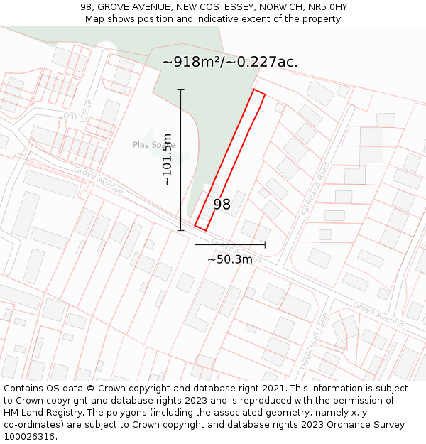 98, GROVE AVENUE, NEW COSTESSEY, NORWICH, NR5 0HY: Plot and title map