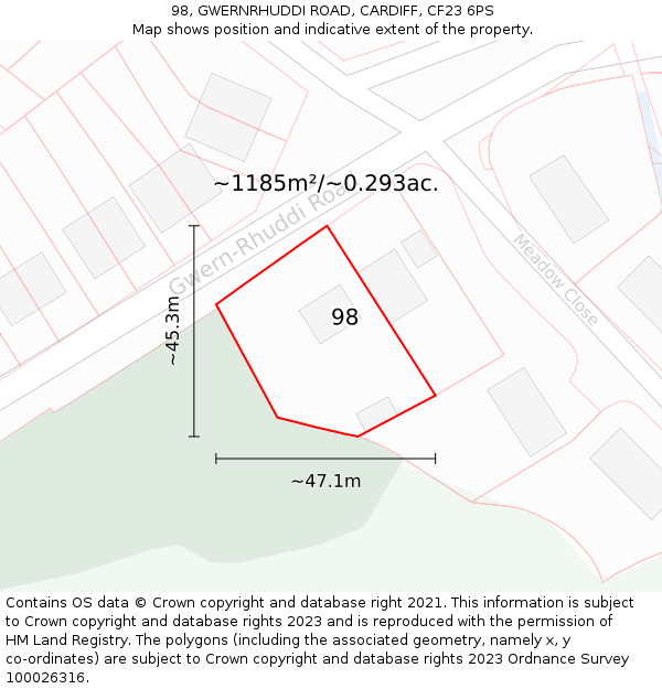 98, GWERNRHUDDI ROAD, CARDIFF, CF23 6PS: Plot and title map