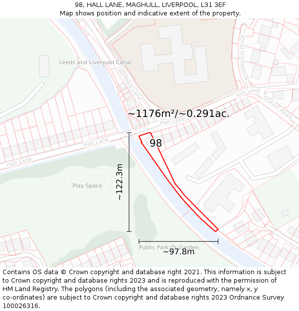 98, HALL LANE, MAGHULL, LIVERPOOL, L31 3EF: Plot and title map