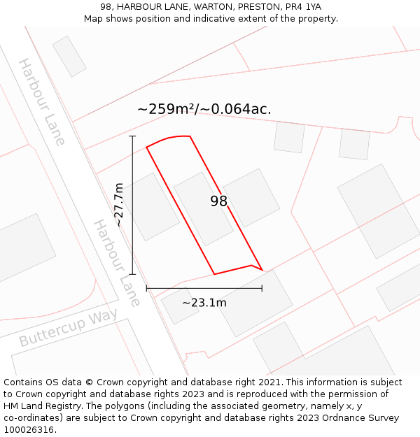 98, HARBOUR LANE, WARTON, PRESTON, PR4 1YA: Plot and title map
