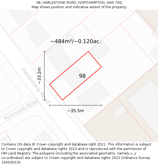 98, HARLESTONE ROAD, NORTHAMPTON, NN5 7AQ: Plot and title map