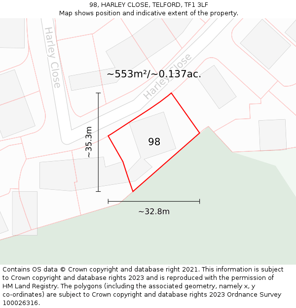 98, HARLEY CLOSE, TELFORD, TF1 3LF: Plot and title map