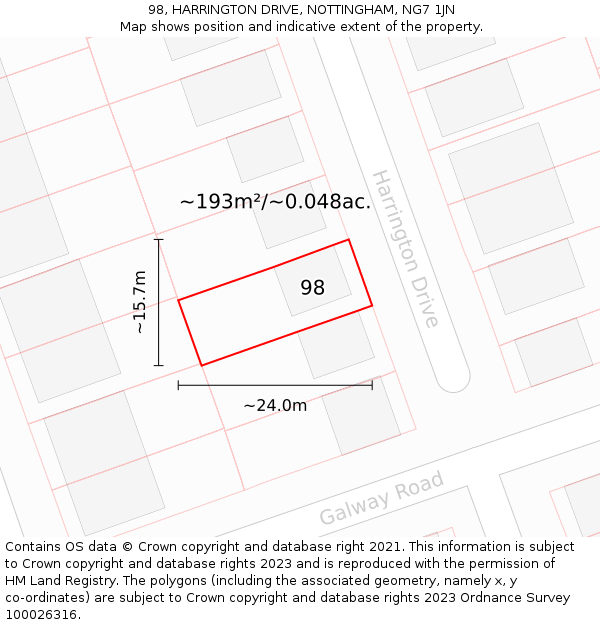 98, HARRINGTON DRIVE, NOTTINGHAM, NG7 1JN: Plot and title map