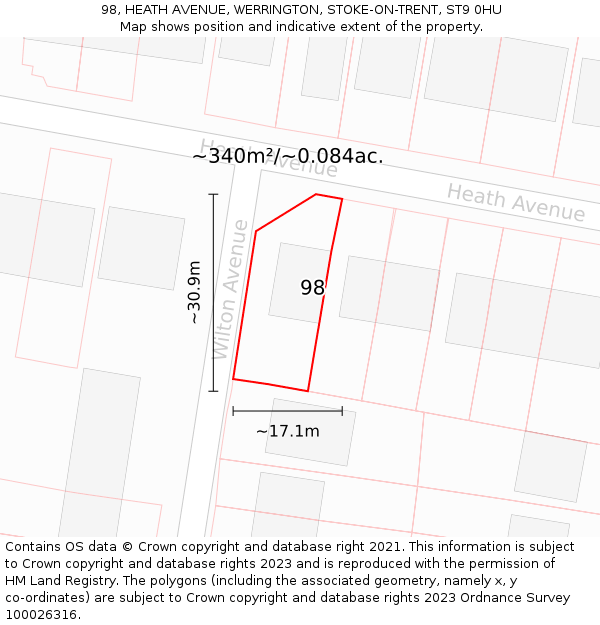 98, HEATH AVENUE, WERRINGTON, STOKE-ON-TRENT, ST9 0HU: Plot and title map
