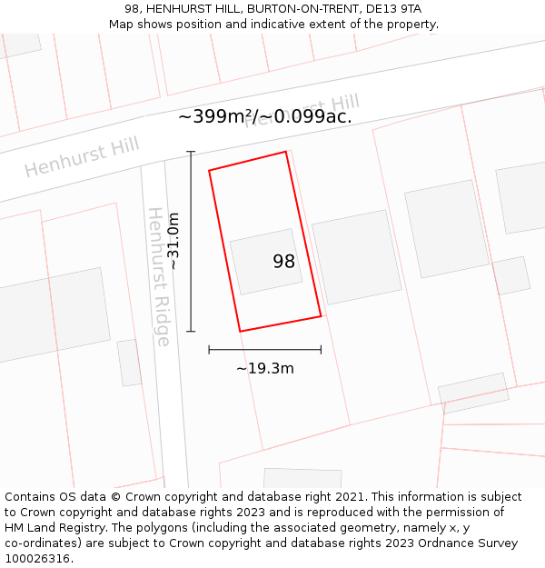 98, HENHURST HILL, BURTON-ON-TRENT, DE13 9TA: Plot and title map