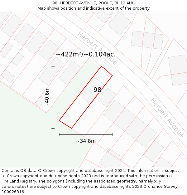 98, HERBERT AVENUE, POOLE, BH12 4HU: Plot and title map