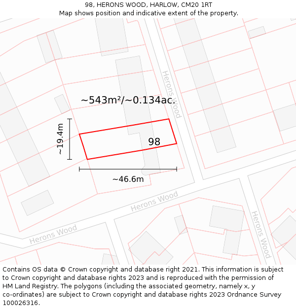 98, HERONS WOOD, HARLOW, CM20 1RT: Plot and title map