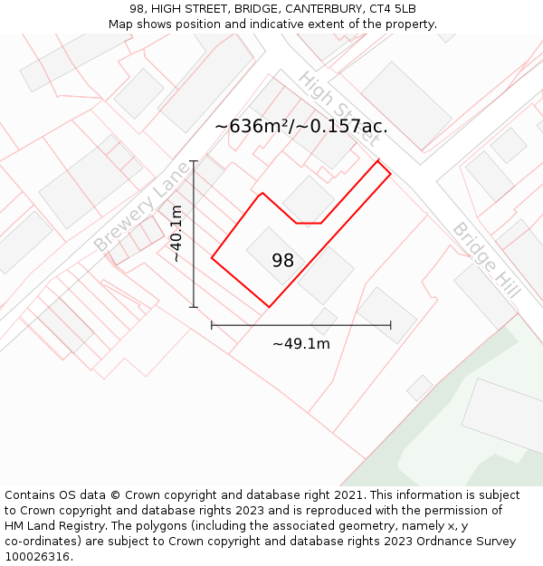 98, HIGH STREET, BRIDGE, CANTERBURY, CT4 5LB: Plot and title map