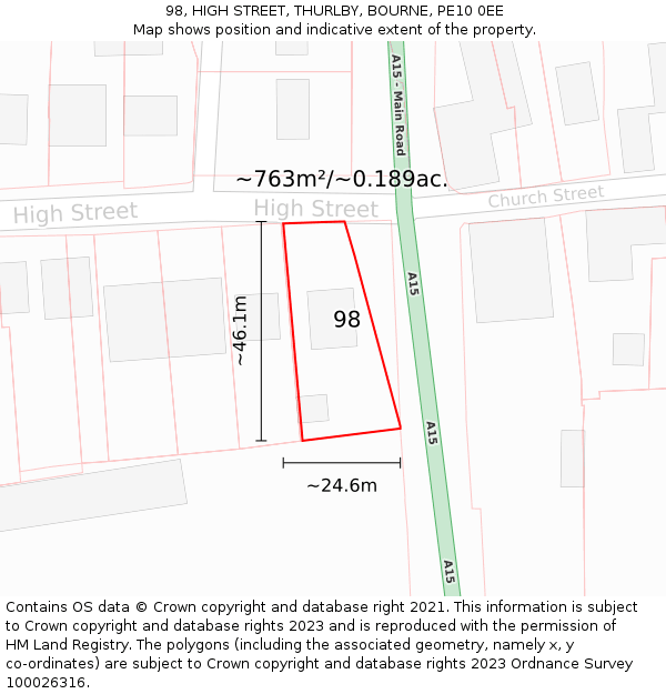 98, HIGH STREET, THURLBY, BOURNE, PE10 0EE: Plot and title map