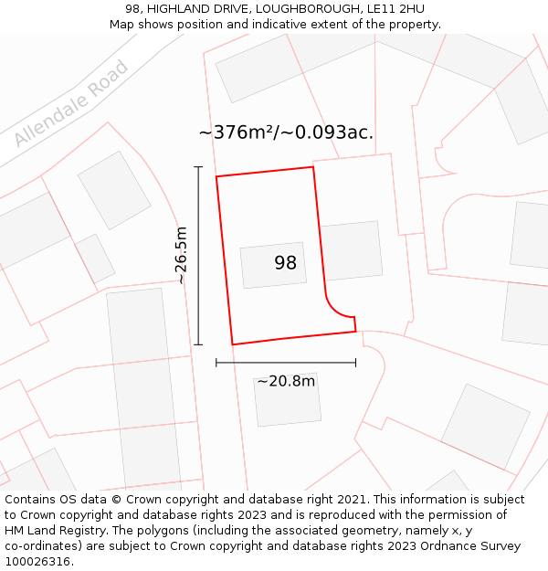 98, HIGHLAND DRIVE, LOUGHBOROUGH, LE11 2HU: Plot and title map
