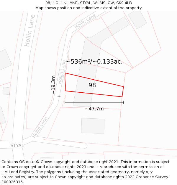 98, HOLLIN LANE, STYAL, WILMSLOW, SK9 4LD: Plot and title map