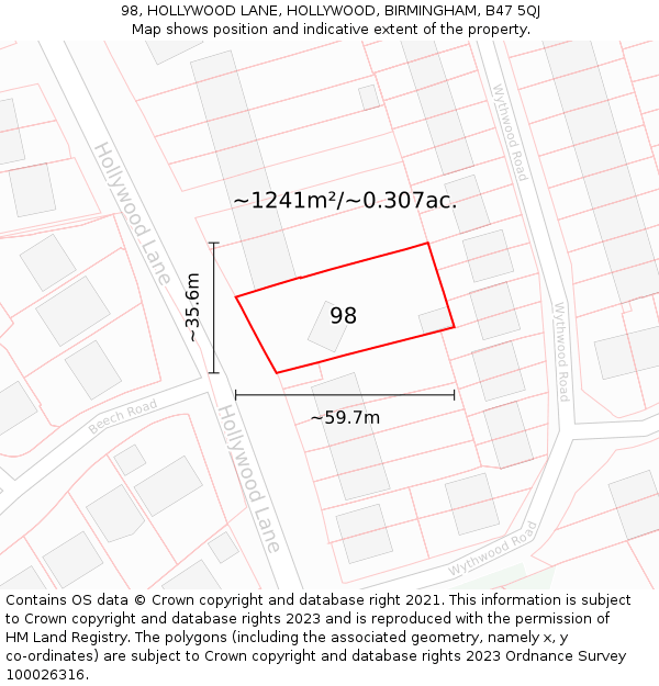 98, HOLLYWOOD LANE, HOLLYWOOD, BIRMINGHAM, B47 5QJ: Plot and title map