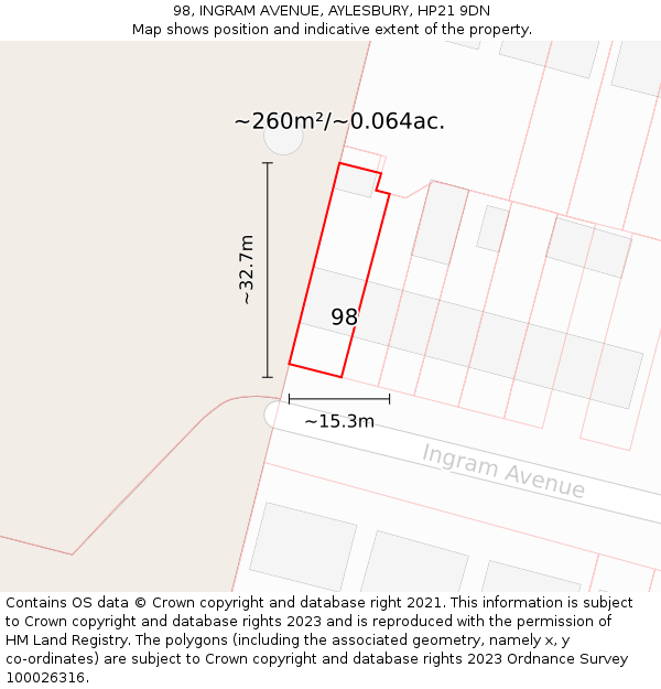 98, INGRAM AVENUE, AYLESBURY, HP21 9DN: Plot and title map