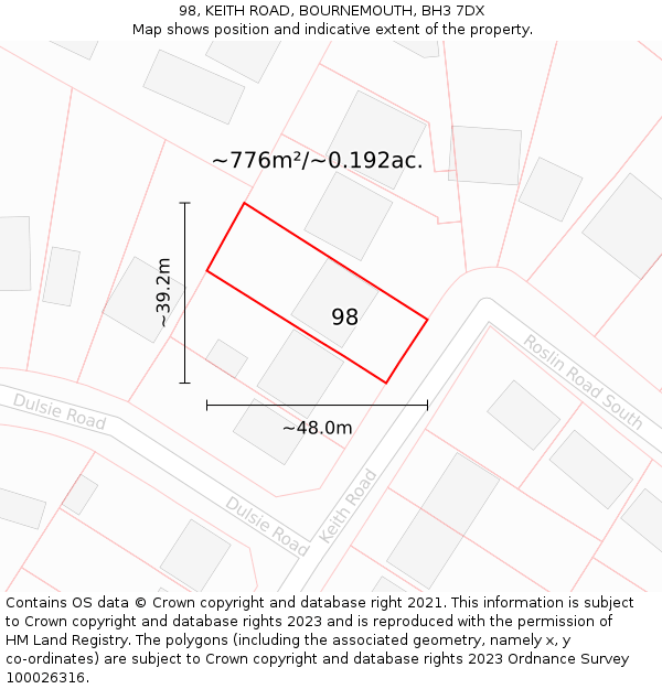 98, KEITH ROAD, BOURNEMOUTH, BH3 7DX: Plot and title map