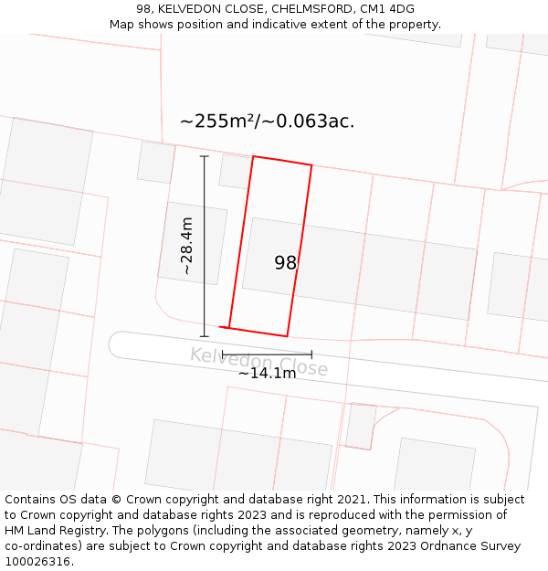 98, KELVEDON CLOSE, CHELMSFORD, CM1 4DG: Plot and title map
