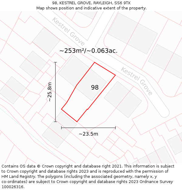 98, KESTREL GROVE, RAYLEIGH, SS6 9TX: Plot and title map