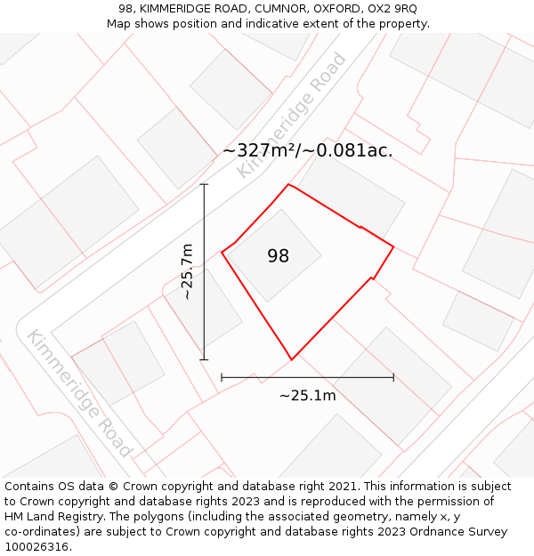 98, KIMMERIDGE ROAD, CUMNOR, OXFORD, OX2 9RQ: Plot and title map