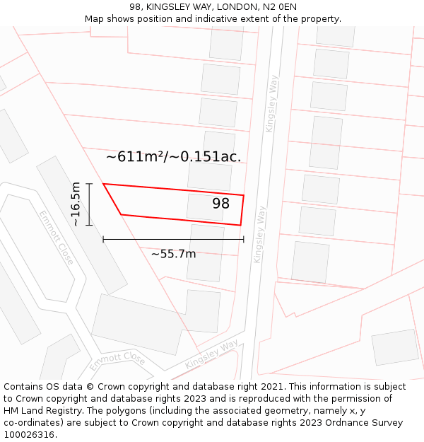 98, KINGSLEY WAY, LONDON, N2 0EN: Plot and title map