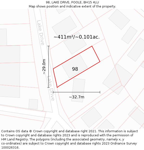98, LAKE DRIVE, POOLE, BH15 4LU: Plot and title map