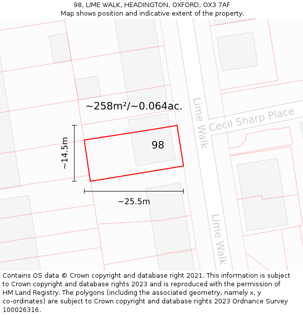 98, LIME WALK, HEADINGTON, OXFORD, OX3 7AF: Plot and title map