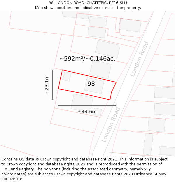 98, LONDON ROAD, CHATTERIS, PE16 6LU: Plot and title map
