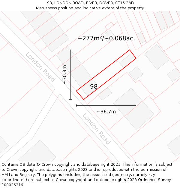 98, LONDON ROAD, RIVER, DOVER, CT16 3AB: Plot and title map