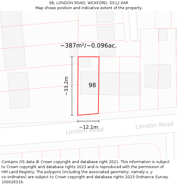 98, LONDON ROAD, WICKFORD, SS12 0AR: Plot and title map