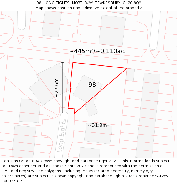 98, LONG EIGHTS, NORTHWAY, TEWKESBURY, GL20 8QY: Plot and title map