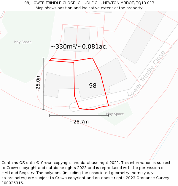 98, LOWER TRINDLE CLOSE, CHUDLEIGH, NEWTON ABBOT, TQ13 0FB: Plot and title map