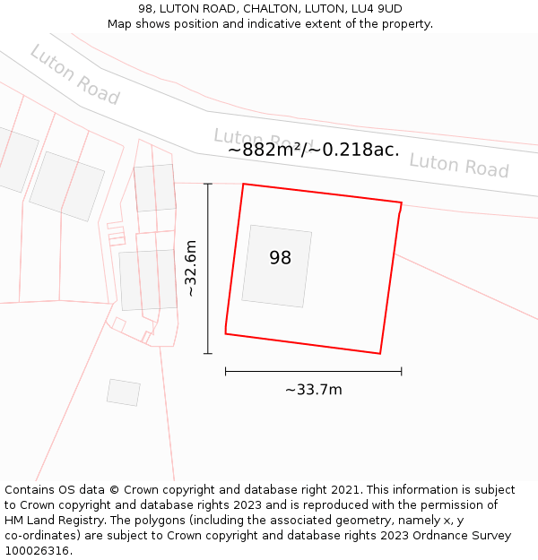 98, LUTON ROAD, CHALTON, LUTON, LU4 9UD: Plot and title map
