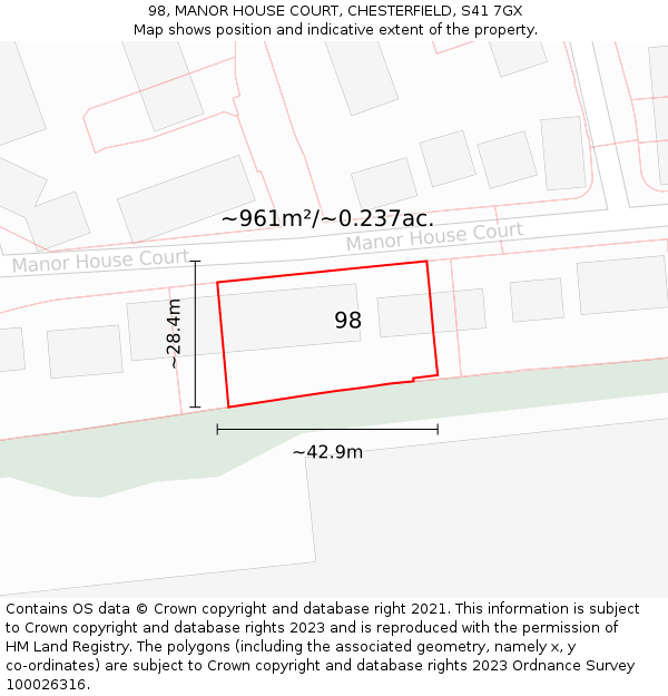 98, MANOR HOUSE COURT, CHESTERFIELD, S41 7GX: Plot and title map
