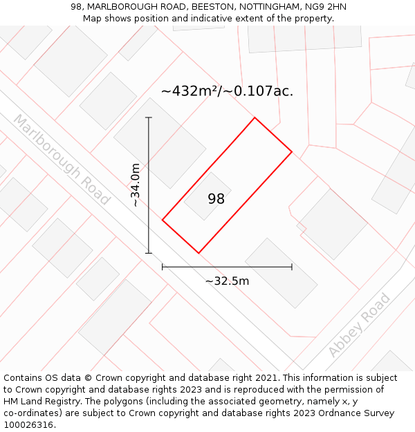 98, MARLBOROUGH ROAD, BEESTON, NOTTINGHAM, NG9 2HN: Plot and title map