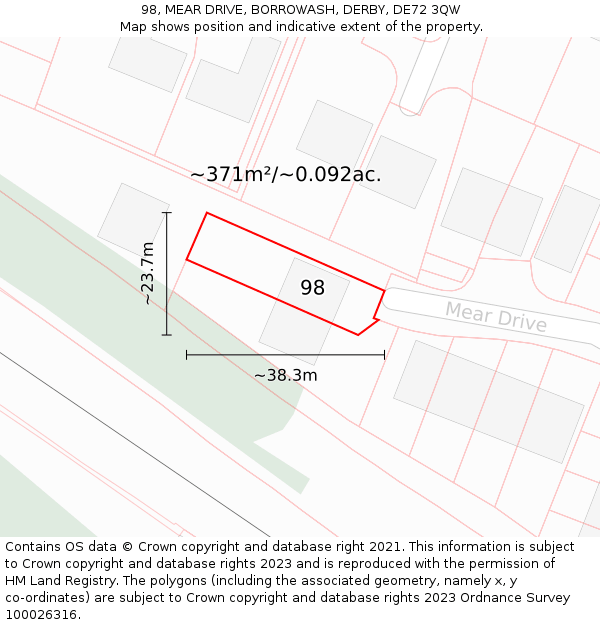 98, MEAR DRIVE, BORROWASH, DERBY, DE72 3QW: Plot and title map
