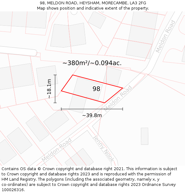 98, MELDON ROAD, HEYSHAM, MORECAMBE, LA3 2FG: Plot and title map