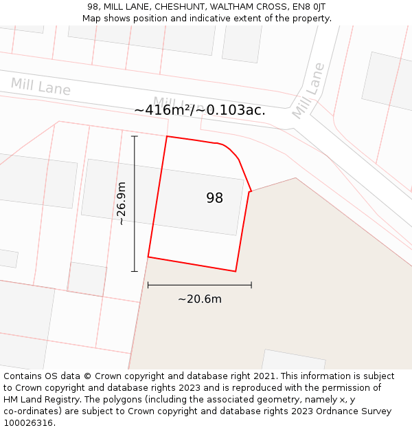 98, MILL LANE, CHESHUNT, WALTHAM CROSS, EN8 0JT: Plot and title map
