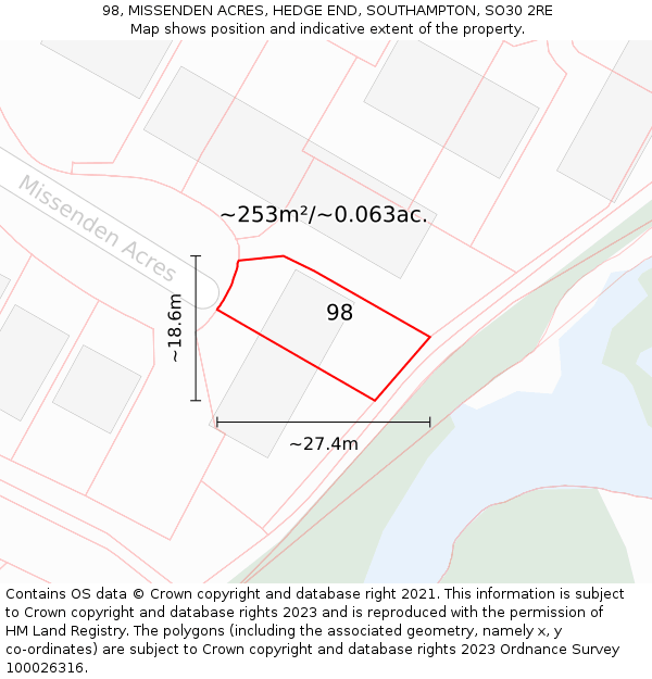 98, MISSENDEN ACRES, HEDGE END, SOUTHAMPTON, SO30 2RE: Plot and title map