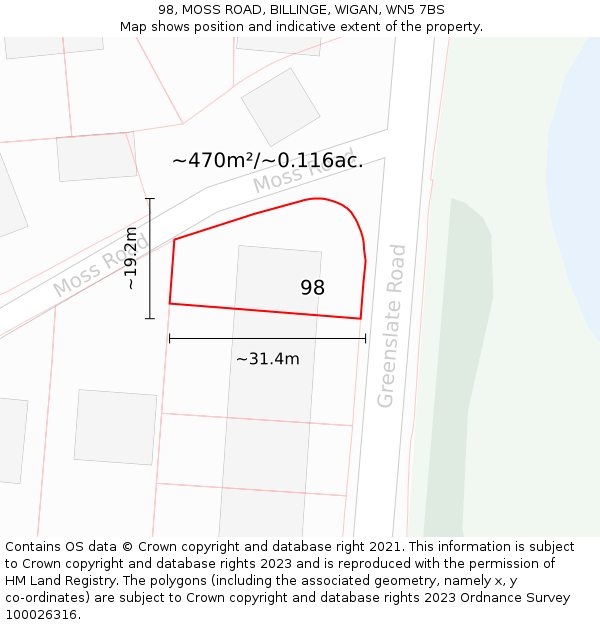 98, MOSS ROAD, BILLINGE, WIGAN, WN5 7BS: Plot and title map